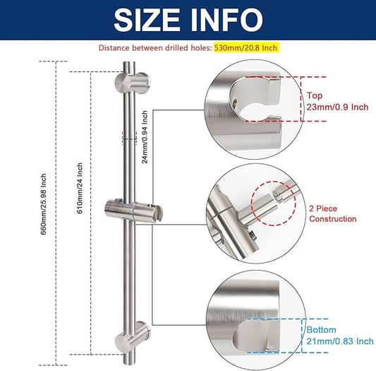 NearMoon Slide Bar with Height/Angle Adjustable Handheld Shower Holder, Bathroom SUS 304 Stainless Steel Head Holder for Bath (Screw Mounted, Brushed Nickel)