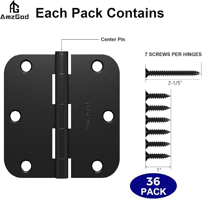 Black Door Hinges - 36 Pack Matte Black Door Hinges 3.5 Inch with 5/8" Radius Corners - Black Hinges for Interior and Exterior Doors - Heavy Duty 3 1/2" Residential Door Hardware