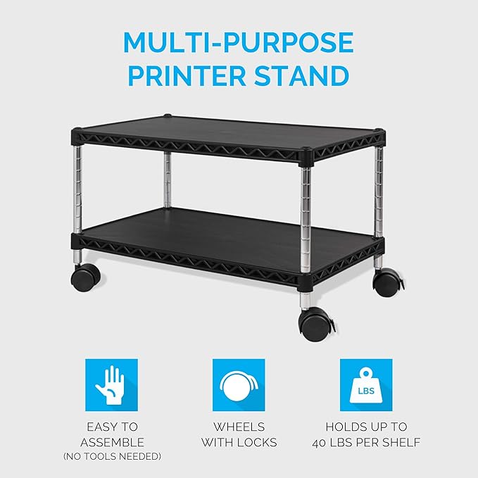 ZBRANDS Under Desk Printer Stand with Storage 24" X 14", Printer Cart, Small Printer Stand with Wheels, Small Printer Table for Home Office, Heavy Duty Low Rolling Cart, (Regular, Black)