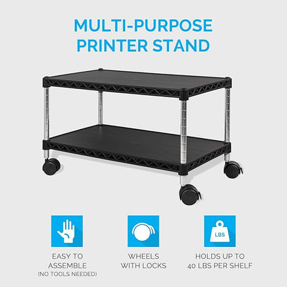 ZBRANDS Under Desk Printer Stand with Storage 24" X 14", Printer Cart, Small Printer Stand with Wheels, Small Printer Table for Home Office, Heavy Duty Low Rolling Cart, (Regular, Black)