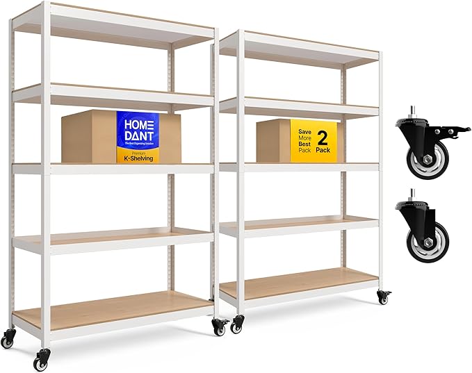 HOMEDANT House 5 Tier Heavy Duty Garage Shelving Adjustable Metal Rack Storage Shelves Standing Shelf Unit Organizers Pantry Closet Office (2, White, (Wheels) 48.1" W x 18.5" D)