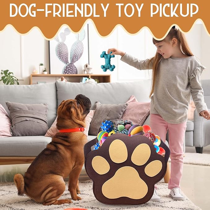 Large Dog Toy Basket Paw Storage Box for Dog Toys & Pet Supplies Felt Dogs Storage Box for Living Room Area Large Organizer for Pet Toys, Blankets and Accessories