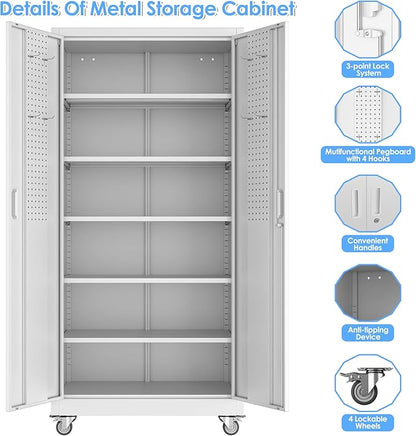 Garage Storage Cabinet with Wheels & Pegboard, 71" H x 34" W x 18" D Locking Metal Storage Cabinet with 2 Doors and 5 Adjustable Shelves for Garage, Home, White, Assembly Required