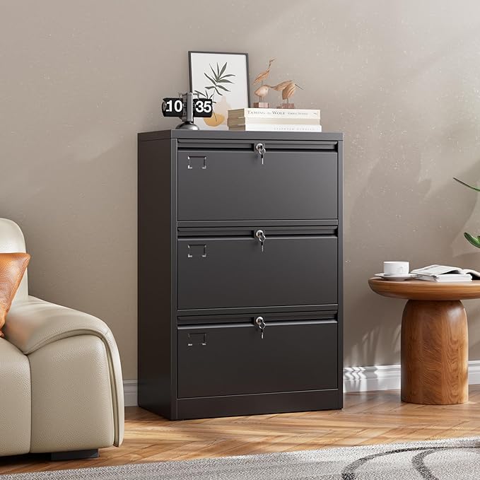 3 Drawer Lateral File Cabinet, Metal Lateral File Cabinets with Lock, Legal Size Steel Lateral Filing Cabinet for Office and Home