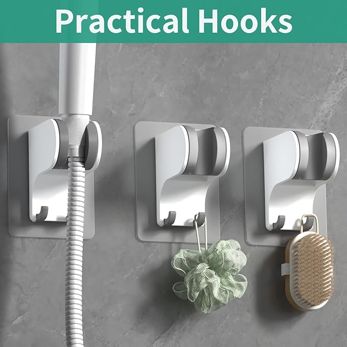 Hand Held Shower Head Holder Wall Mount, Shower Hose Holder Adhesive with 2 Hanger Hooks, Adjustable Shower Handle Holder, No Drilling Shower Wand Holder (White, 1 Pack)