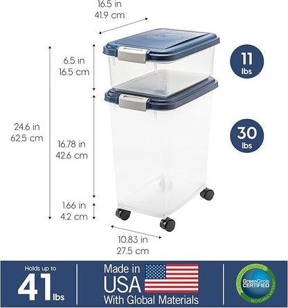 IRIS USA Dog Food Storage Container, 30 lbs & 11 lbs Combo, Cat Food Storage Container, Dog Treat Container, Airtight, Stackable, Wheels, Easy Mobility, Navy