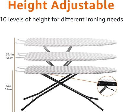 Amazon Basics Height Adjustable Full-Size Foldable Ironing Board, 4-Leg Fold-Up, Chevron Removable Cover, 60" x 14" x 38"