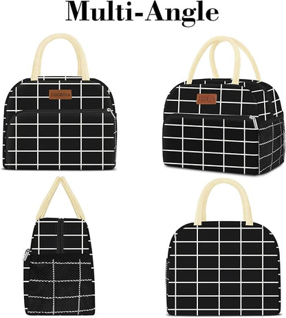Coobiiya Lunch Bag Women, Lunch Box for Women Adult Men, Small Leakproof Cute Lunch Tote Large Capacity Reusable Insulated Cooler Lunch Container for Work/Office/Picnic/Travel-Black Plaid