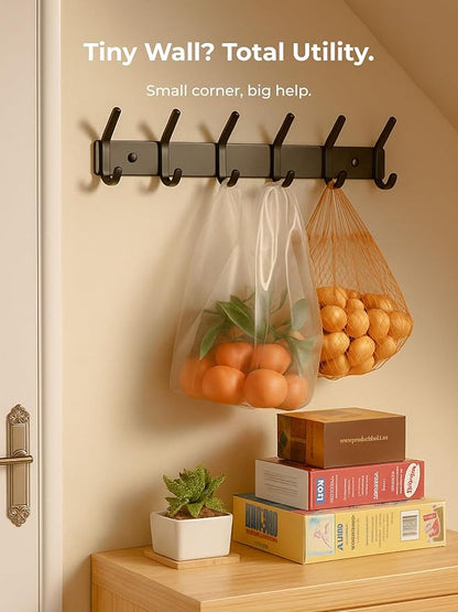 Coat Rack Wall Mount Hooks - 15 Inch Matte Black Metal 6-Hook Organizer Wall Mounted, Modern Kids Room, Entryway & Bathroom Hanger for Beach Towels, Coats, Purses, Bags (1 Pack)