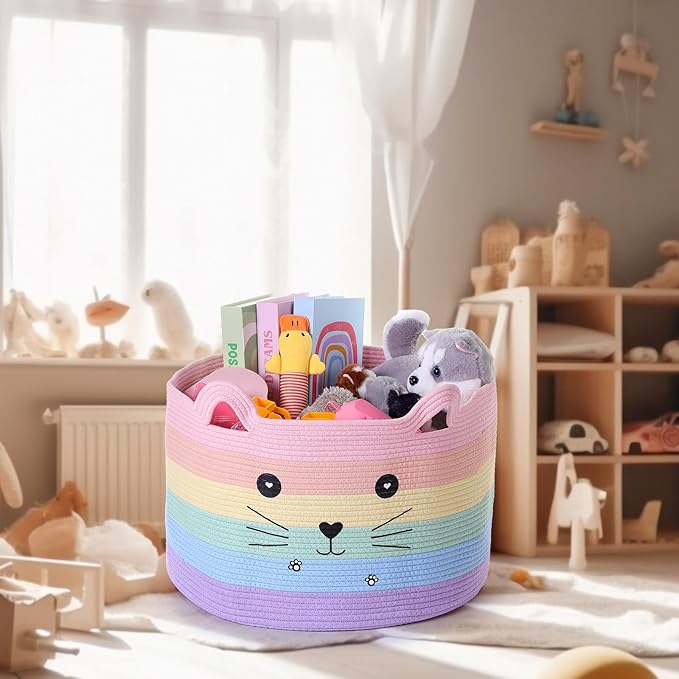 Zopeal Cat Basket Storage Woven Organizer with Ears Easter Decorative Gift Pet Toy Cute Cotton Rope Basket for Gift Cat Dog Toy Bin Nursery Room(21.7 x 13.8 Inch,Macaron Color)