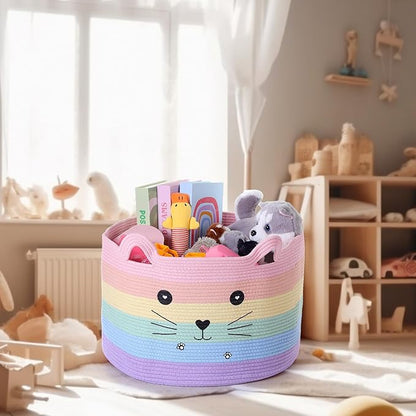 Zopeal Cat Basket Storage Woven Organizer with Ears Easter Decorative Gift Pet Toy Cute Cotton Rope Basket for Gift Cat Dog Toy Bin Nursery Room(21.7 x 13.8 Inch,Macaron Color)