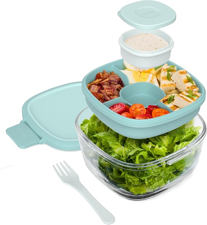 Bentgo Glass Salad Container - 7.6-Cup Salad Bowl with Airtight Lid, Leak-Proof Sauce Container, 4-Compartment Bento Tray & Reusable Fork - BPA-Free for Meal Prep, Office & More (Coastal Seaglass)