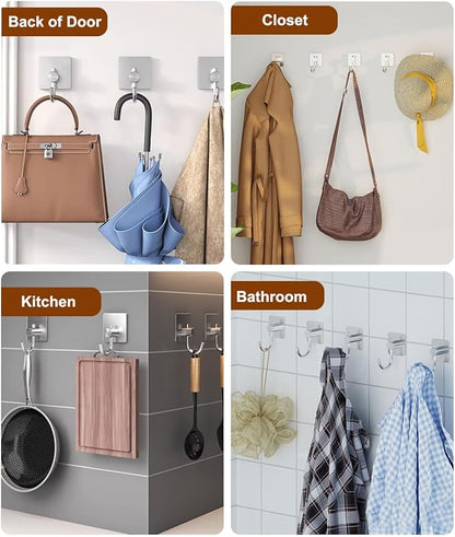 Self Adhesive Towel Hooks, Waterproof Rustproof Stainless Steel Sticky Wall Hooks, No Damage for Bathroom Kitchen Shower Robe Coat Hanging, Silver