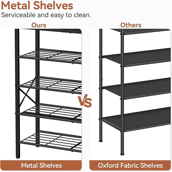 Shoe Rack for Entryway, 5 Tier Shoe Organizer with 2 Non-Woven Drawers, Metal Storage Shoe Shelf for 16-20 Pairs of Shoes, with Wooden Top and Steel Frame, Shoe Stand for Closet Black Grey