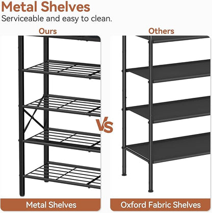 Shoe Rack for Entryway, 5 Tier Shoe Organizer with 2 Non-Woven Drawers, Metal Storage Shoe Shelf for 16-20 Pairs of Shoes, with Wooden Top and Steel Frame, Shoe Stand for Closet Black Grey