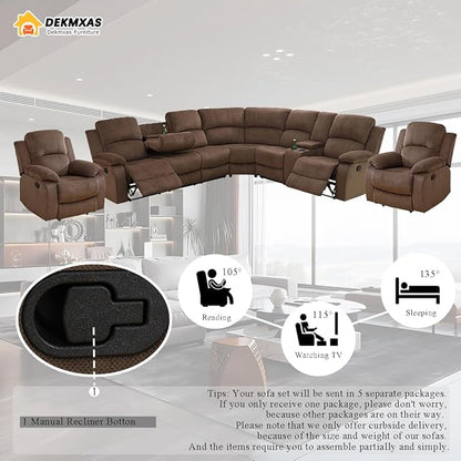 Recliner Sectional Couch Set, Living Room Furniture Sets, Brown Corduroy Reclining Sectional Sofa and 2 Reclining Chairs with Drop-Down Table, Cup Holder and Storage Console for Bedroom