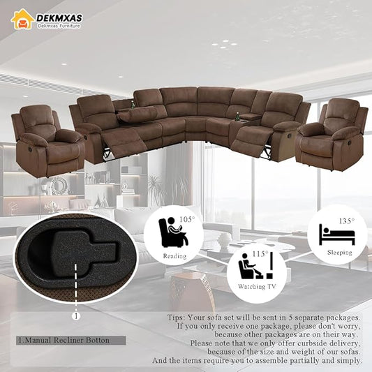 Recliner Sectional Couch Set, Living Room Furniture Sets, Brown Corduroy Reclining Sectional Sofa and 2 Reclining Chairs with Drop-Down Table, Cup Holder and Storage Console for Bedroom