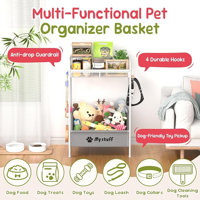 Medium Dog Toy basket, Toy Box for Dogs, Pet Toys Bin Dog Metal Wire Basket for Toys, Food Storage, Storage Organizer Chest Storage, Toy Box for Living Room Area (White)