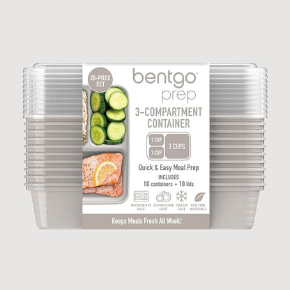 Bentgo Prep - 20-Piece 3-Compartment Reusable Meal Prep Containers with Lids, PFAS & BPA Free Materials, Durable, Microwave, Freezer, & Dishwasher Safe To Go Food Storage (Stone Gray)
