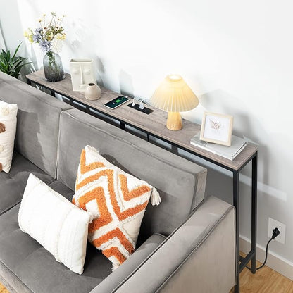 63" Console Table with Power Outlet, Narrow Sofa Table, Industrial Entryway Table with USB Ports, Behind Couch for Entryway, Hallway, Foyer, Living Room, Greige CTHG16E01Z1