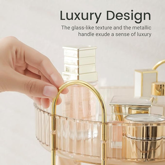Aveniee Rotating Makeup Organizer for Vanity, 3 Tier Perfume Skincare Organizers and Storage for Bathroom Countertop, Clear Spinning Counter Shelf Cosmetic Holder for Dresser,Gold