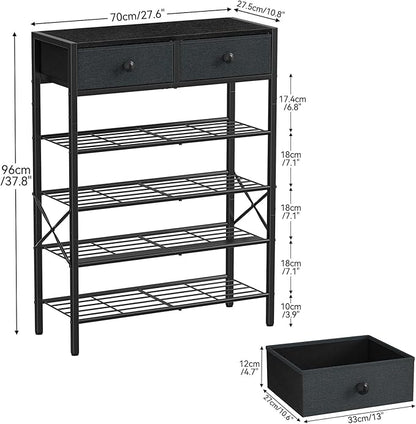 Shoe Rack for Entryway, 5 Tier Shoe Organizer with 2 Non-Woven Drawers, Metal Storage Shoe Shelf for 16-20 Pairs of Shoes, with Wooden Top and Steel Frame, Shoe Stand for Closet Black Grey