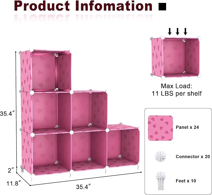 UNKU Cube Storage Organizer, 6 Cube Closet Organizer Storage Shelves, DIY Stackable Bookcase, Clothes Organizer Shelf for Closet, Bedroom, Living Room, Cabinet, Home, Office, Pink