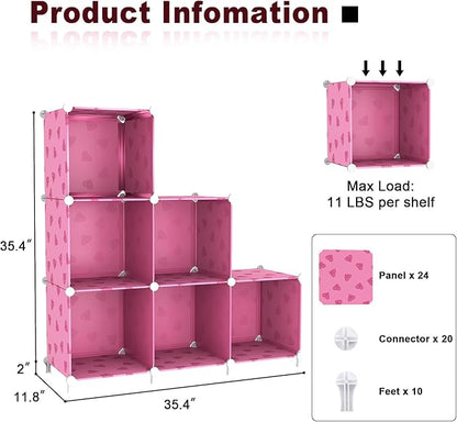 UNKU Cube Storage Organizer, 6 Cube Closet Organizer Storage Shelves, DIY Stackable Bookcase, Clothes Organizer Shelf for Closet, Bedroom, Living Room, Cabinet, Home, Office, Pink