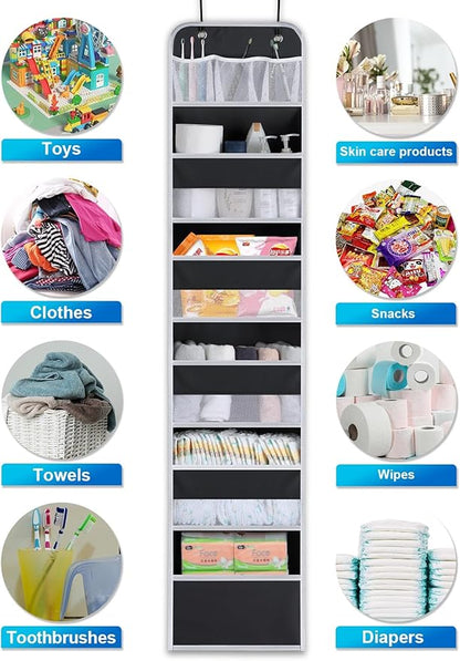 Over the Door Organizer Storage - 5 Tier Hanging Storage shelves Door Organizer with Pockets, Anti Tilt 44 lb Load Behind Door Organizer for Bedroom,Nursery,Bathroom,Kitchen,Dorm,Shoe - 1 Pack, Black