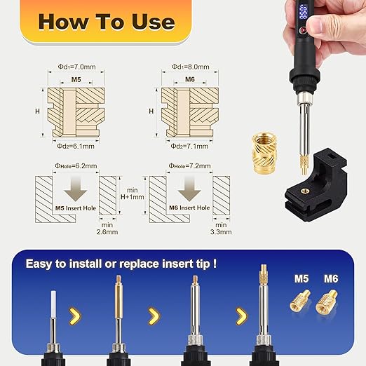 Kadrick 80 Pcs M5 M6 Threaded Inserts for Plastic with Heat Set Tips,M5 & M6(8mm-12mm Hight) Heat Heat Set Inserts Kit,Brass Inserts for 3D Pringting