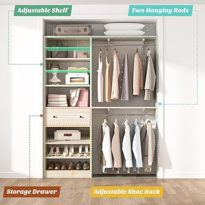 Closet System with Drawer - Reversible 5FT Wood Closet Organizer System with 2 Hanging Rods and Adjustable Shelf, Walk In Closet Organizers with Shoe Rack, Built-In Garment Rack, White Oak