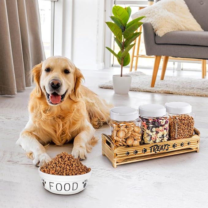 Dog Treats Container with 3 Plastic Jars, Dog Food Storage Canister with Wooden Stand, Airtight Pet Treat Holder for Dogs and Cats, Dog Snacks Treat Organizer with Scoop for Kitchen Counter