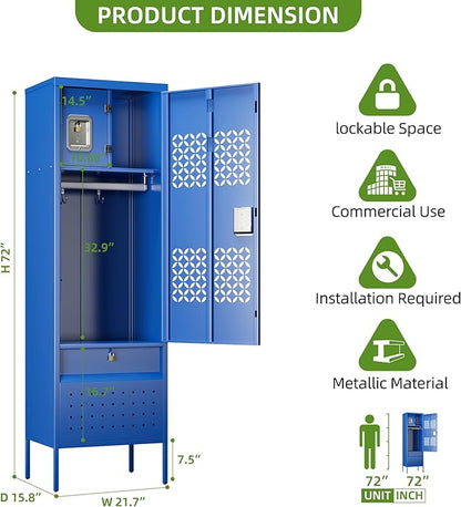 Locking Metal Lockers with Hanging Rod,1 Door Metal Storage Locker for Gym,Basketball Gym,Gymnasiums,Utility Room,Assembly Required,Blue