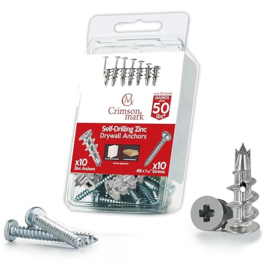 20Pcs Zinc Self Drilling Drywall Anchors and Screws kit #8 x 1-1/4”- Metal Wall Anchors for Drywall Heavy Duty, Holds Upto 50lbs – No Drill Hole Required with Dry Wall Screws and Anchors