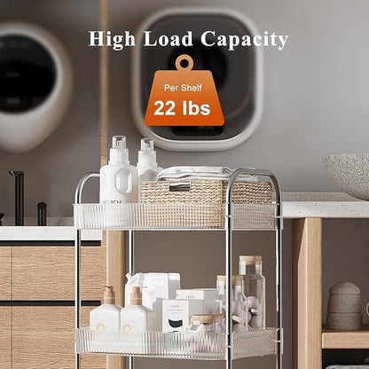 3 Tier Rolling Cart with Lockable Wheels, Clear Acrylic Utility Trolley with Handle, Heavy-Duty Storage Organizer for Kitchen Bathroom Nursery Laundry - Snack Book Craft Organizer (Clear)