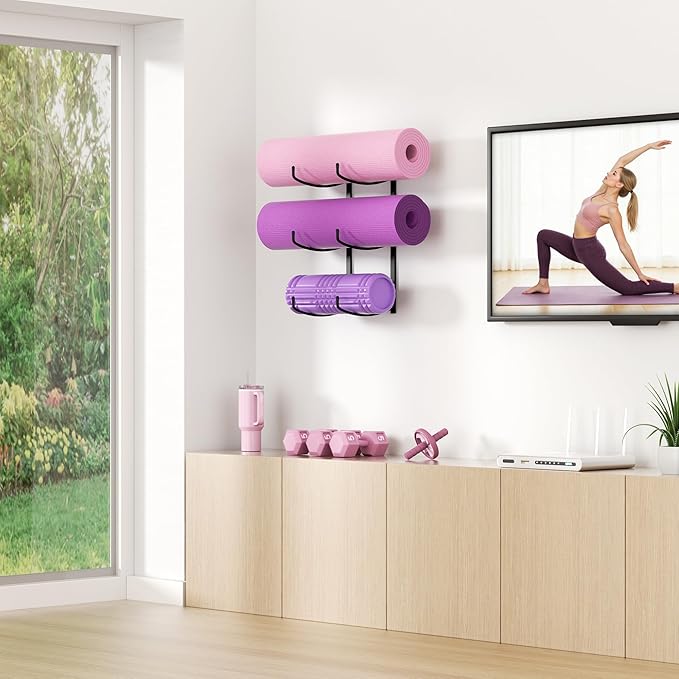 Yoga Mat Holder Wall Mount, 3-Tier Storage Rack for Yoga Mat, Foam Roller, Block, Yoga Accessories, Wall Organizer for Home Gym, Gym, Workout Room, Metal, Black