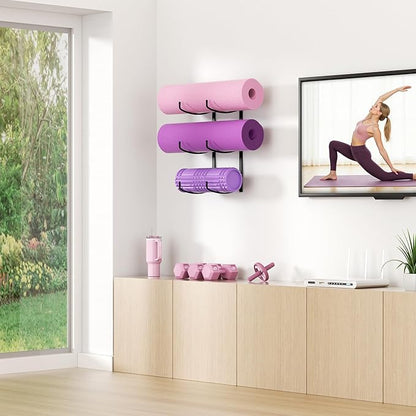 Yoga Mat Holder Wall Mount, 3-Tier Storage Rack for Yoga Mat, Foam Roller, Block, Yoga Accessories, Wall Organizer for Home Gym, Gym, Workout Room, Metal, Black
