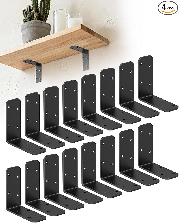 3"x3" L Brackets, 90 Degree Angle Iron, Heavy Duty Steel Corner Brace for Wood Shelves, Post, Floating Shelves, Desk (Black-16 Pcs)