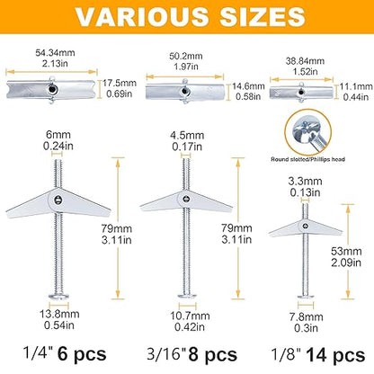 KURUI Heavy Duty Hollow Wall Anchors for Drywall Ceiling, Toggle Bolts and Wing Nut Kit, 28Pcs Metal Drywall Anchors and Screws Assortment Set, 3 Sizes Butterfly Anchors for Hanging 1/8, 3/16, 1/4