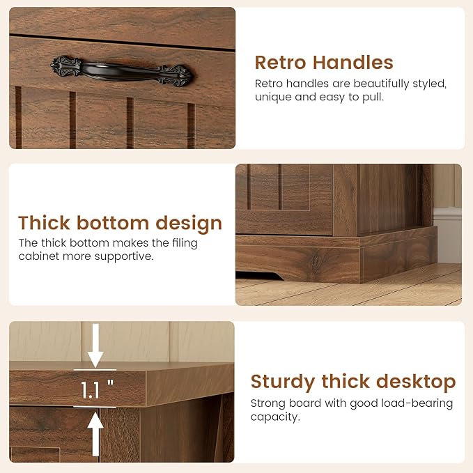 SEDETA 3 Drawer File Cabinet, Farmhouse Filing Cabinet for Home Office, Wood Office File Cabinets for Letter/Legal/A4 Size, Lateral File Cabinets with Printer Stand for Study Room, Living Room (Brown)