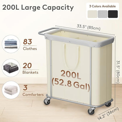 Lifewit 200L Large Laundry Basket with Wheels, Tall 3 Section Laundry Hamper Organizer, Rolling Laundry Cart with Steel Frame & Removable Bag for Luandry Room Bathroom Bedroom, White