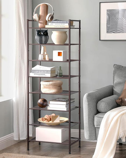SONGMICS Narrow Shoe Rack - Sturdy 8 Tier Metal Tall Shoe Rack Shelf, Slim Shoe Storage Organizer for Closet Entryway Small Spaces, Bronze, 12"D x 17.6"W x 50.6"H