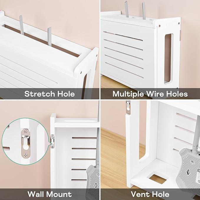 Router Shelf Wall Mount WiFi Router Storage Box Modem Cable Cover Organized Power Strip Cable Management Hider Rack By Solid Wood White