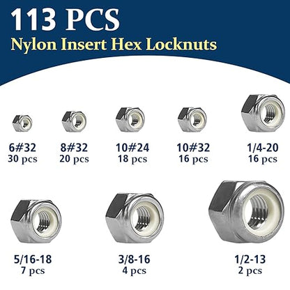 113PCS Locknuts Assortment Kit, 6#32 8#32 10#24 10#32 1/4-20 5/16-18 3/8-16 1/2-13 SAE Lock Nuts, 304 Stainless Steel Nylon Insert Hex Lock Nuts, Hex Drive