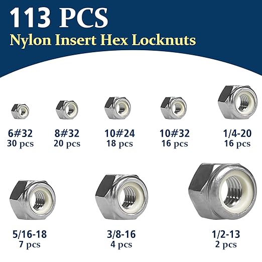 113PCS Locknuts Assortment Kit, 6#32 8#32 10#24 10#32 1/4-20 5/16-18 3/8-16 1/2-13 SAE Lock Nuts, 304 Stainless Steel Nylon Insert Hex Lock Nuts, Hex Drive