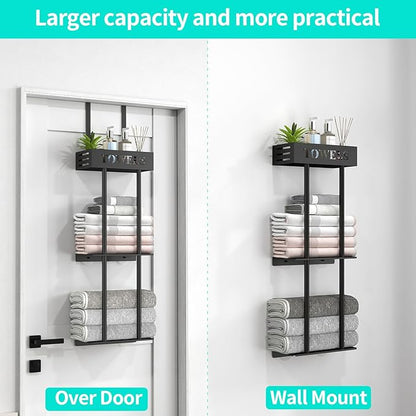 Over The Door Towel Rack, 3 Tier Hanging Towel Rack for Bathroom Stainless Steel, Over Door & Wall Mounted Towel Holder with Shelf Basket, Towel Storage for Small Bathroom, Black