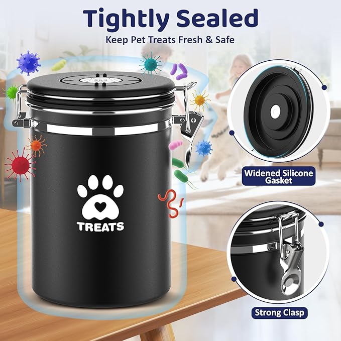 Dog Treat Container Airtight- 7.2"x4.7" Large Stainless Steel Cat Treat Jar for Kitchen Counter with Scoop, Pet Storage for Fresh Dog Cookie