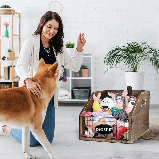 Dog Toy Bin - Large Wooden Toy Chest with Handle - Organizer for Puppy Leash, Blanket, Food, Accessories, Gift