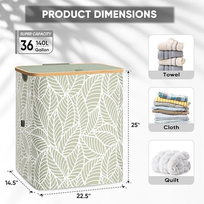 BALEINE Laundry Hamper with Lid, Tall Laundry Baskets with Bamboo Pull Handles, Large Laundry Bin with Internal Support (36 Gal/140L, Antique Foliage)
