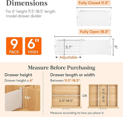 Lifewit 6" Tall 9 Pack Drawer Dividers, 30-47cm/11.5-18.5" Expandable Drawer Divider for Clothes, Adjustable Dresser Drawer Organizers, Drawers Separators for Dresser/Bathroom/Closet/Kitchen White
